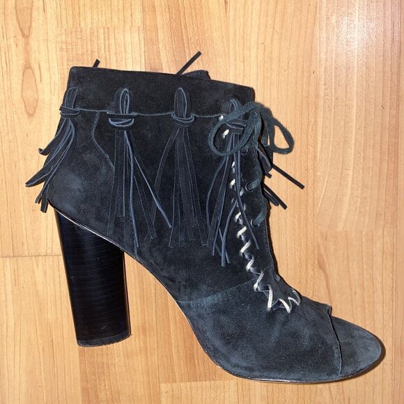 Cynthia‎ Vincent Boots Suede Fringe Booties Open Toe Lace Up Block Heel -Size 8 - Picture 1 of 10